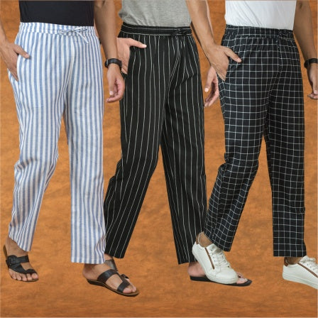 COMBO OF 3 MEN STRIPE COTTON HANDLOOM PANT BLACK BLACK AND BLUE