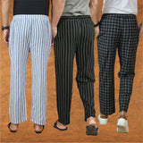 COMBO OF 3 MEN STRIPE COTTON HANDLOOM PANT BLACK BLACK AND BLUE