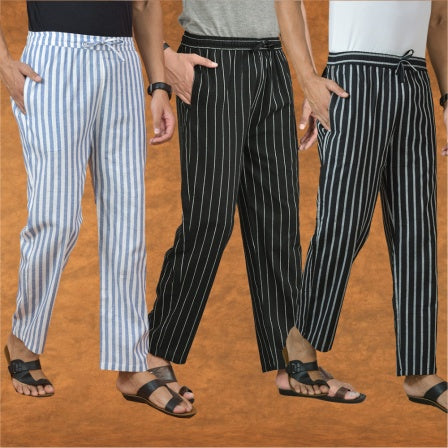 COMBO OF 3 MEN STRIPE COTTON HANDLOOM PANT BLACK BLACK AND BLUE
