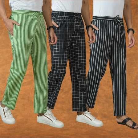 COMBO OF 3 MEN STRIPE COTTON HANDLOOM PANT BLACK BLACK AND OLIVE GREEN