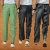 COMBO OF 3 MEN STRIPE COTTON HANDLOOM PANT BLACK BLACK AND OLIVE GREEN