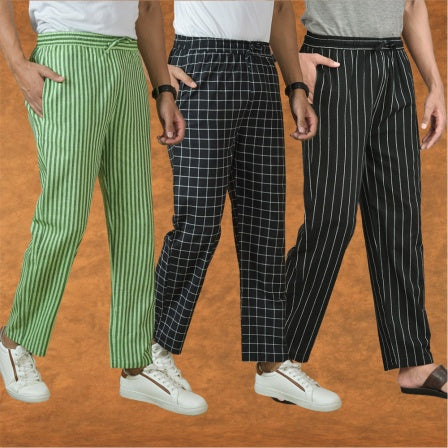 COMBO OF 3 MEN STRIPE COTTON HANDLOOM PANT BLACK BLACK AND OLIVE GREEN
