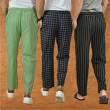 COMBO OF 3 MEN STRIPE COTTON HANDLOOM PANT BLACK BLACK AND OLIVE GREEN