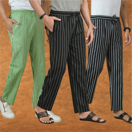 COMBO OF 3 MEN STRIPE COTTON HANDLOOM PANT BLACK BLACK AND OLIVE GREEN