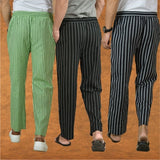 COMBO OF 3 MEN STRIPE COTTON HANDLOOM PANT BLACK BLACK AND OLIVE GREEN
