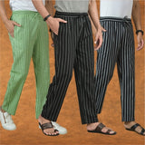 COMBO OF 3 MEN STRIPE COTTON HANDLOOM PANT BLACK BLACK AND OLIVE GREEN