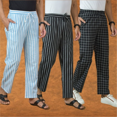 COMBO OF 3 MEN STRIPE COTTON HANDLOOM PANT BLACK BLACK AND SKY BLUE