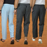 COMBO OF 3 MEN STRIPE COTTON HANDLOOM PANT BLACK BLACK AND SKY BLUE