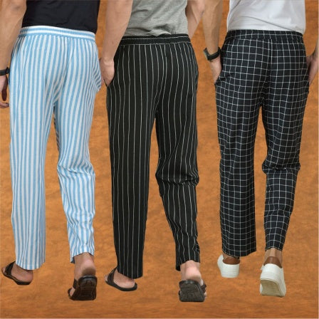 COMBO OF 3 MEN STRIPE COTTON HANDLOOM PANT BLACK BLACK AND SKY BLUE