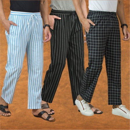 COMBO OF 3 MEN STRIPE COTTON HANDLOOM PANT BLACK BLACK AND SKY BLUE
