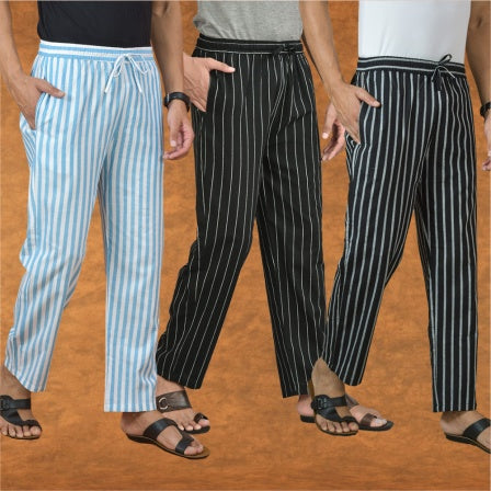 COMBO OF 3 MEN STRIPE COTTON HANDLOOM PANT BLACK BLACK AND SKY BLUE