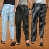 COMBO OF 3 MEN STRIPE COTTON HANDLOOM PANT BLACK BLACK AND SKY BLUE