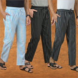 COMBO OF 3 MEN STRIPE COTTON HANDLOOM PANT BLACK BLACK AND SKY BLUE