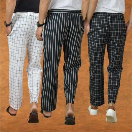 COMBO OF 3 MEN STRIPE COTTON HANDLOOM PANT BLACK BLACK AND WHITE