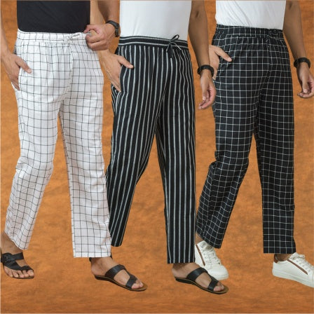 COMBO OF 3 MEN STRIPE COTTON HANDLOOM PANT BLACK BLACK AND WHITE