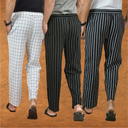 COMBO OF 3 MEN STRIPE COTTON HANDLOOM PANT BLACK BLACK AND WHITE