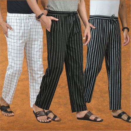 COMBO OF 3 MEN STRIPE COTTON HANDLOOM PANT BLACK BLACK AND WHITE