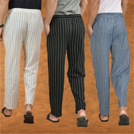 COMBO OF 3 MEN STRIPE COTTON HANDLOOM PANT BLACK BLUE AND BEIGE