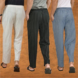 COMBO OF 3 MEN STRIPE COTTON HANDLOOM PANT BLACK BLUE AND BEIGE