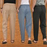 COMBO OF 3 MEN STRIPE COTTON HANDLOOM PANT BLACK BLUE AND BEIGE