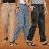 COMBO OF 3 MEN STRIPE COTTON HANDLOOM PANT BLACK BLUE AND BEIGE