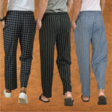 COMBO OF 3 MEN STRIPE COTTON HANDLOOM PANT BLACK BLUE AND BLACK