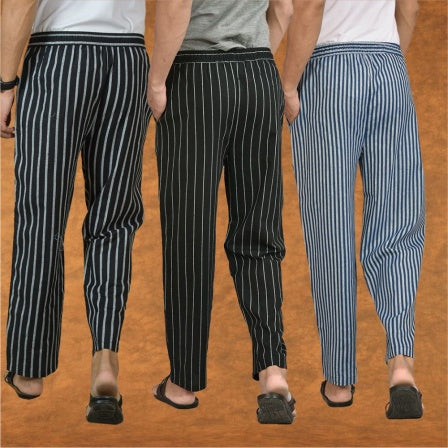 COMBO OF 3 MEN STRIPE COTTON HANDLOOM PANT BLACK BLUE AND BLACK