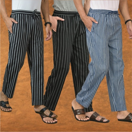 COMBO OF 3 MEN STRIPE COTTON HANDLOOM PANT BLACK BLUE AND BLACK