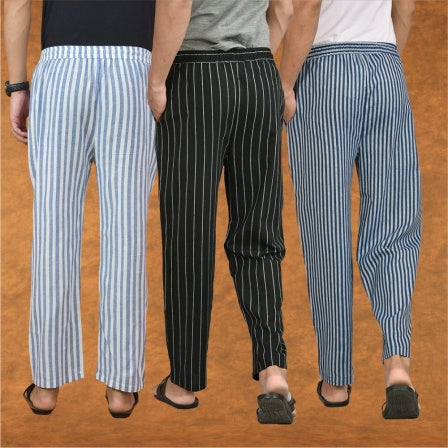 COMBO OF 3 MEN STRIPE COTTON HANDLOOM PANT BLACK BLUE AND BLUE