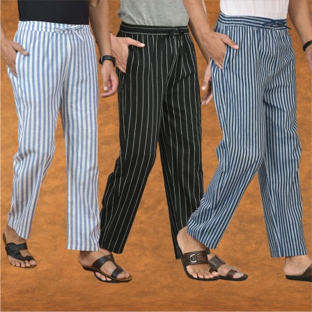 COMBO OF 3 MEN STRIPE COTTON HANDLOOM PANT BLACK BLUE AND BLUE