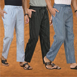 COMBO OF 3 MEN STRIPE COTTON HANDLOOM PANT BLACK BLUE AND BLUE