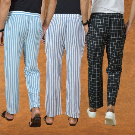 COMBO OF 3 MEN STRIPE COTTON HANDLOOM PANT BLACK BLUE AND SKY BLUE-