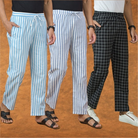 COMBO OF 3 MEN STRIPE COTTON HANDLOOM PANT BLACK BLUE AND SKY BLUE-