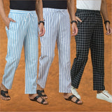 COMBO OF 3 MEN STRIPE COTTON HANDLOOM PANT BLACK BLUE AND SKY BLUE-