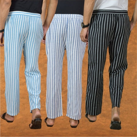 COMBO OF 3 MEN STRIPE COTTON HANDLOOM PANT BLACK BLUE AND SKY BLUE-
