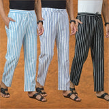 COMBO OF 3 MEN STRIPE COTTON HANDLOOM PANT BLACK BLUE AND SKY BLUE-