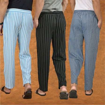 COMBO OF 3 MEN STRIPE COTTON HANDLOOM PANT BLACK BLUE AND SKY BLUE