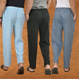 COMBO OF 3 MEN STRIPE COTTON HANDLOOM PANT BLACK BLUE AND SKY BLUE