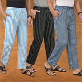 COMBO OF 3 MEN STRIPE COTTON HANDLOOM PANT BLACK BLUE AND SKY BLUE
