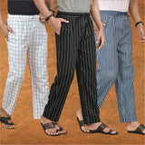 COMBO OF 3 MEN STRIPE COTTON HANDLOOM PANT BLACK BLUE AND WHITE
