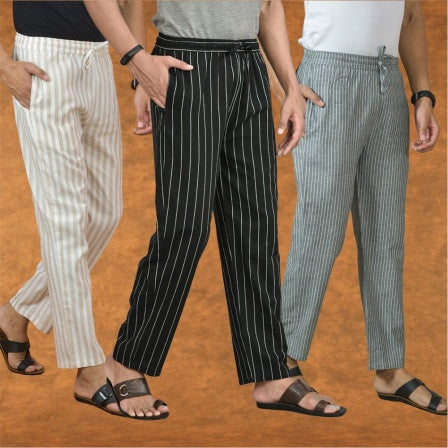 COMBO OF 3 MEN STRIPE COTTON HANDLOOM PANT BLACK GRAY AND BEIGE