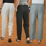 COMBO OF 3 MEN STRIPE COTTON HANDLOOM PANT BLACK GRAY AND BEIGE