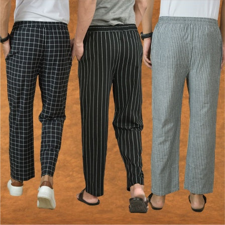 COMBO OF 3 MEN STRIPE COTTON HANDLOOM PANT BLACK GRAY AND BLACK