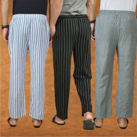 COMBO OF 3 MEN STRIPE COTTON HANDLOOM PANT BLACK GRAY AND BLUE