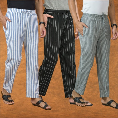 COMBO OF 3 MEN STRIPE COTTON HANDLOOM PANT BLACK GRAY AND BLUE