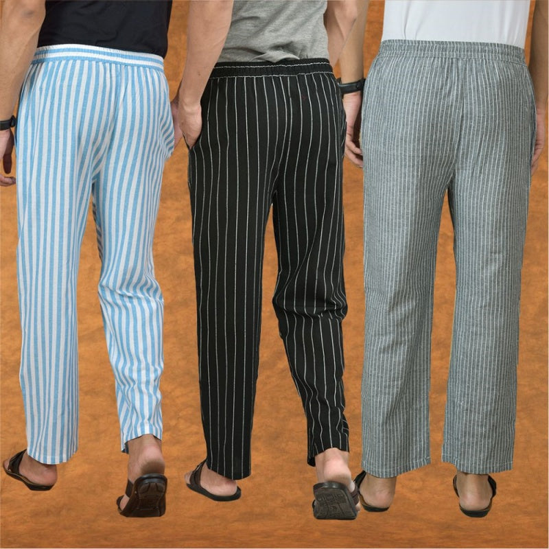 COMBO OF 3 MEN STRIPE COTTON HANDLOOM PANT BLACK GRAY AND SKY BLUE