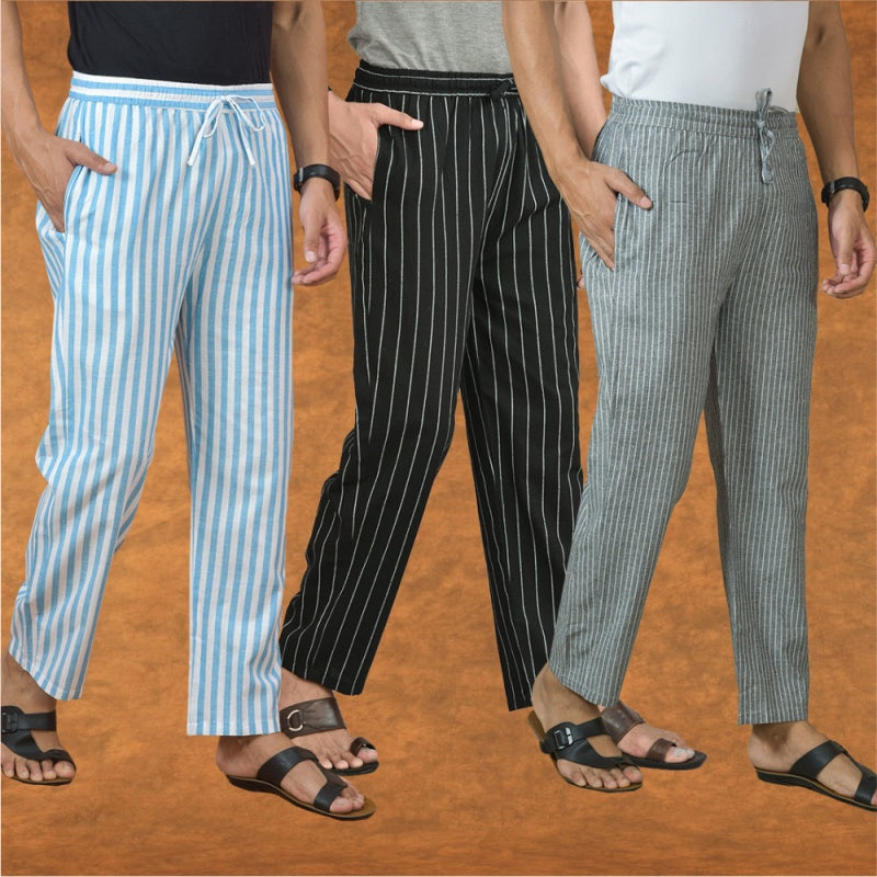 COMBO OF 3 MEN STRIPE COTTON HANDLOOM PANT BLACK GRAY AND SKY BLUE