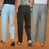 COMBO OF 3 MEN STRIPE COTTON HANDLOOM PANT BLACK GRAY AND SKY BLUE