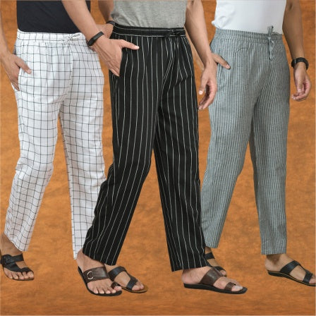 COMBO OF 3 MEN STRIPE COTTON HANDLOOM PANT BLACK GRAY AND WHITE