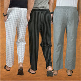 COMBO OF 3 MEN STRIPE COTTON HANDLOOM PANT BLACK GRAY AND WHITE